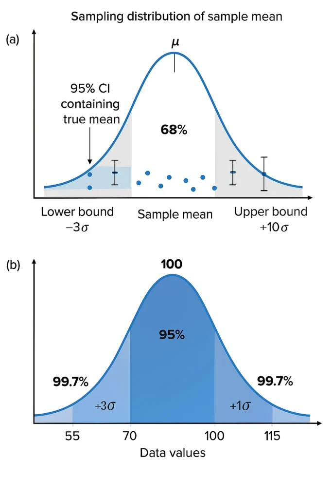 Sampling distribution of sample means with multiple 95% confidence interval bars; one highlighted interval containing the true population mean, illustrating inferential estimation.