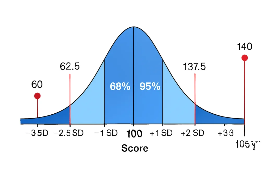 A bell curve centered at a mean of 100 with shaded regions covering plus and minus 2.5 standard deviations. Red vertical lines mark the upper threshold at 137.5 and the lower threshold at 62.5, with red dots at 140 and 60 placed outside the boundaries to illustrate outliers.
