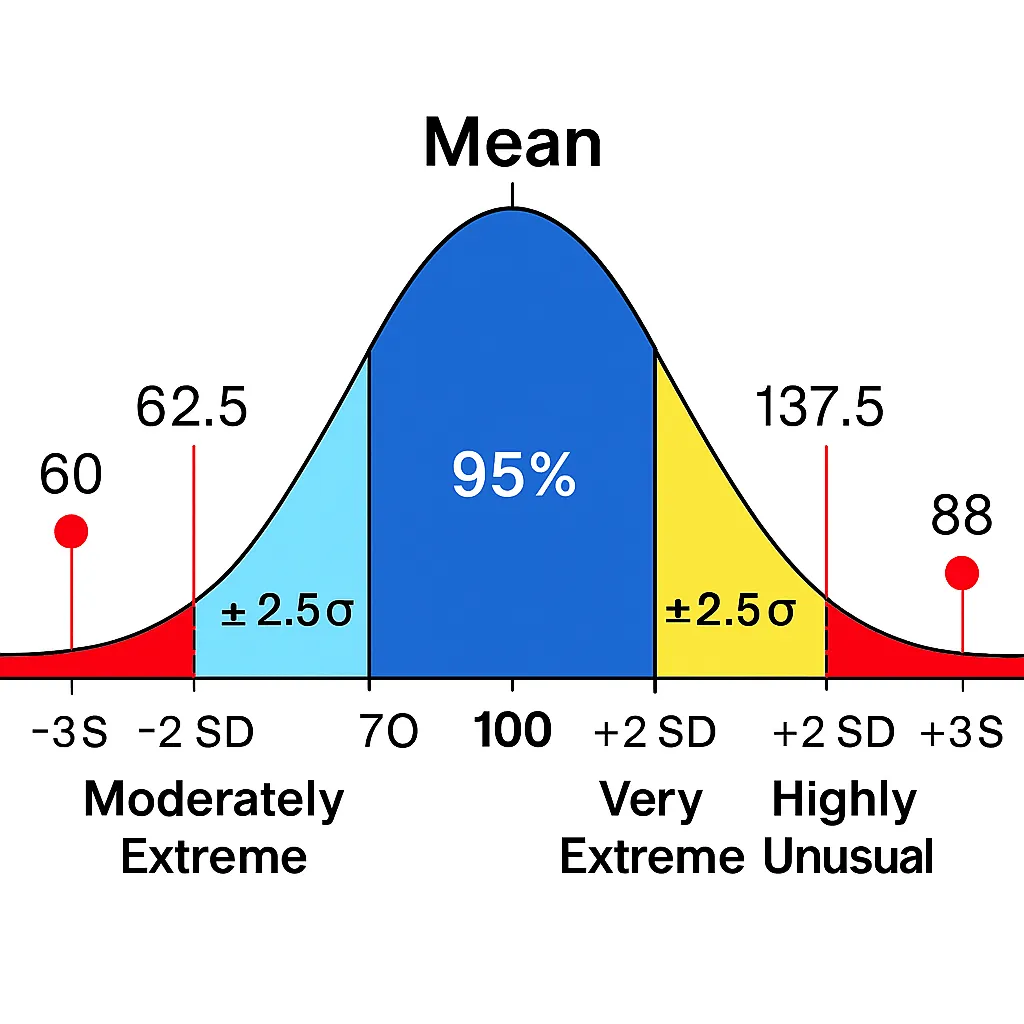 A bell curve centered at a mean of 70 with the ±2 SD region shaded in blue. A yellow dot is positioned at 88 to indicate a moderately extreme value in the right-hand tail.