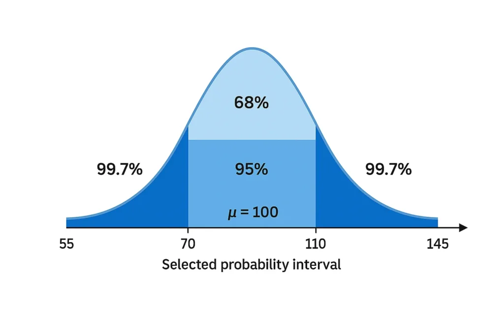 Bell curve with mean 100 and standard deviation 15, showing shaded zones: ±1σ (68%) in light blue, ±2σ (95%) in medium blue, and ±3σ (99.7%) in dark blue, labeled by percentage.