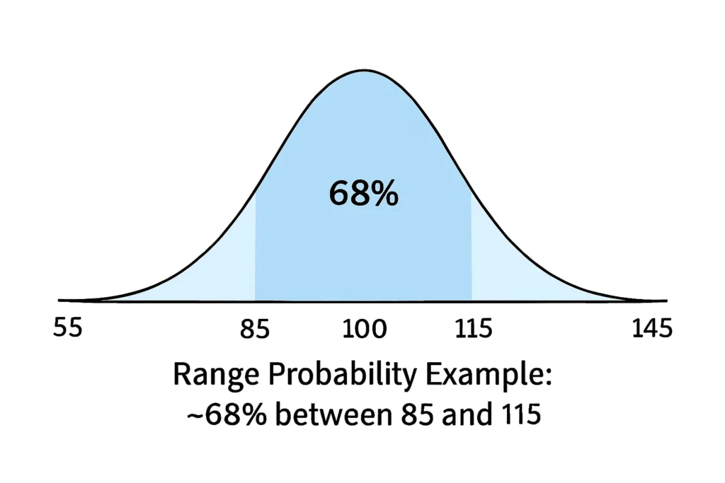 Normal distribution bell curve (mean 100, SD 15) with shaded area between 85 and 115, labeled “68% probability between 85 and 115”.