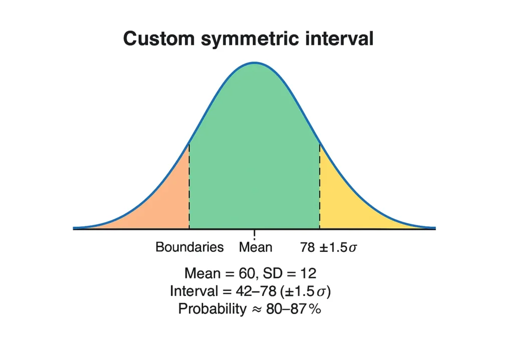 Bell curve illustrating multiple colored custom-shaded zones in a normal distribution, with each zone labeled with its boundaries.