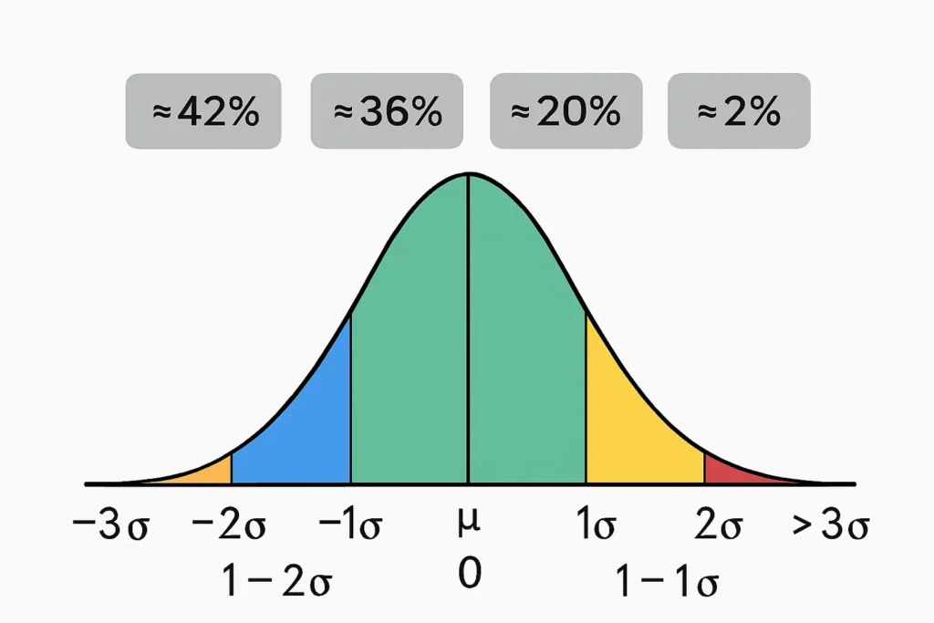 Bell curve showing variance contribution by standard deviation bands with 0–1σ in green, 1–2σ in blue, 2–3σ in yellow, and above 3σ in red with labeled percentages 42%, 36%, 20%, and 2%.