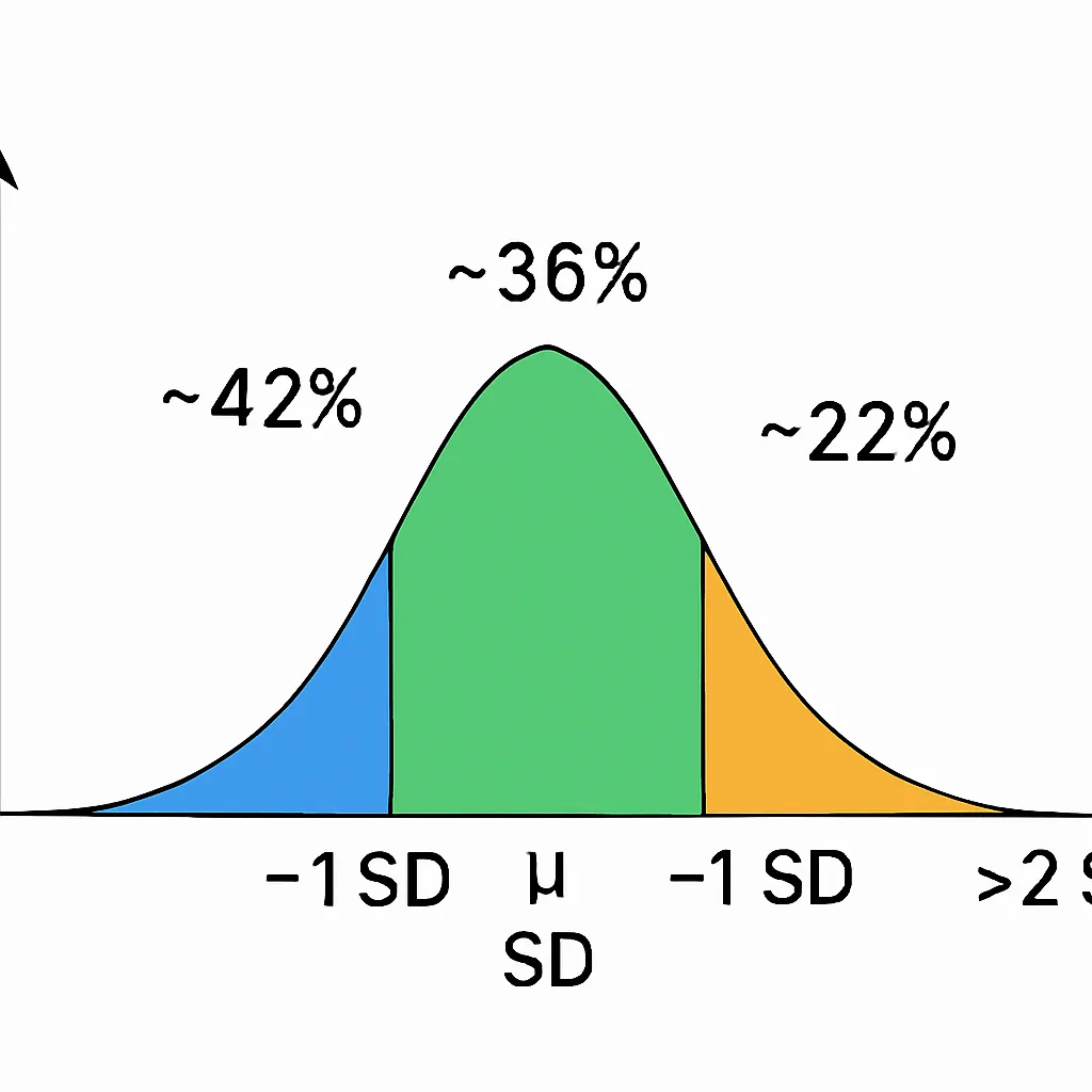 Normal distribution curve showing peak height at 0 SD, lower height at ±1 SD, and nearly flat curve at ±3 SD.